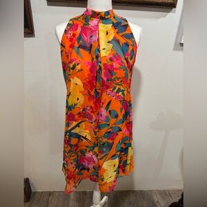 Robbie Bee chiffon blouson dress 10P orange floral mini pleated lined spring EC